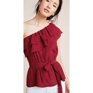 Anthropologie Maeve Rita Ruffled One Shoulder Blouse Red Color White Polka Dot S